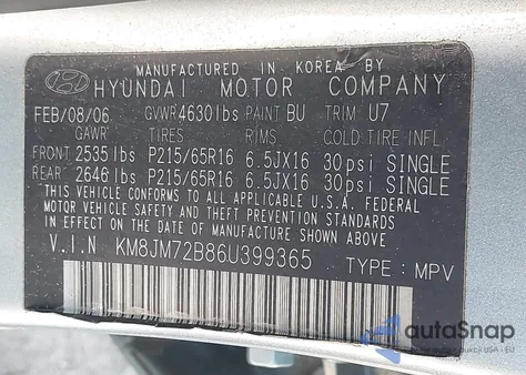 2006 Hyundai Tucson Gl from USA, damaged, VIN KM8JM72B86U399365